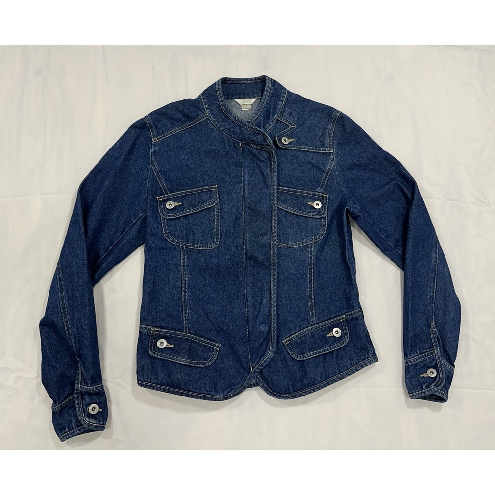 Y2K Christopher & Banks Denim Jacket Womens Small Asymmetric Mock Neck Blue Jean